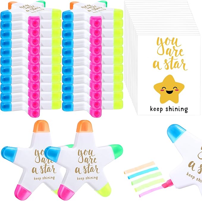 24 Sets Back to School Gifts for Students Star Highlighters with You're a Star Cards Gift Bags 5 in 1 Fluorescent Pens Affirmation Gifts for First Day of School Party Favor (Shining)