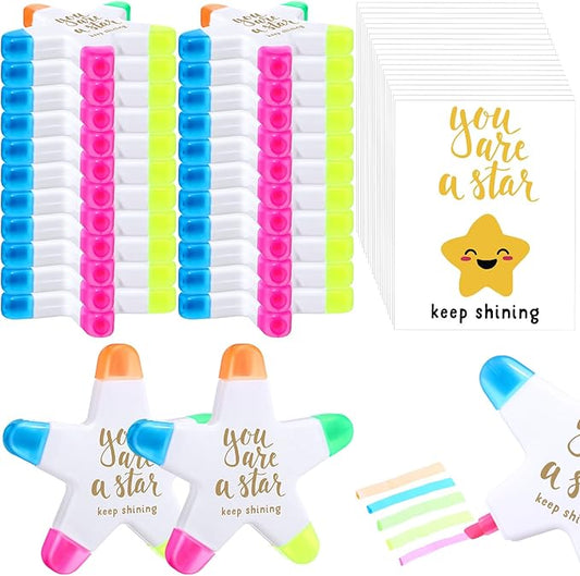 24 Sets Back to School Gifts for Students Star Highlighters with You're a Star Cards Gift Bags 5 in 1 Fluorescent Pens Affirmation Gifts for First Day of School Party Favor (Shining)