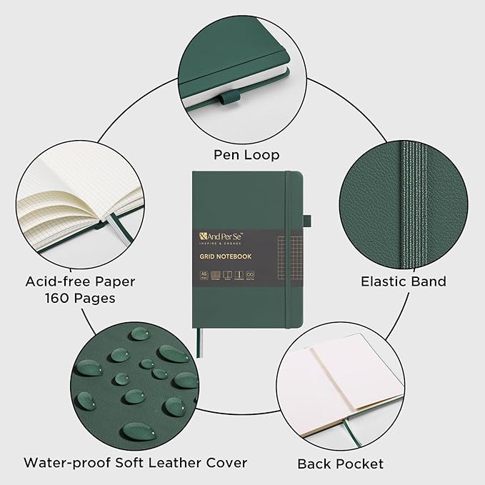 &And Per Se Graph Journal Notebook, 160 Pages, 5.7 x 8 inches College Ruled Thick Paper Notebook Journals for Writing, Grid Hardcover Notebook(1 Pack, green)