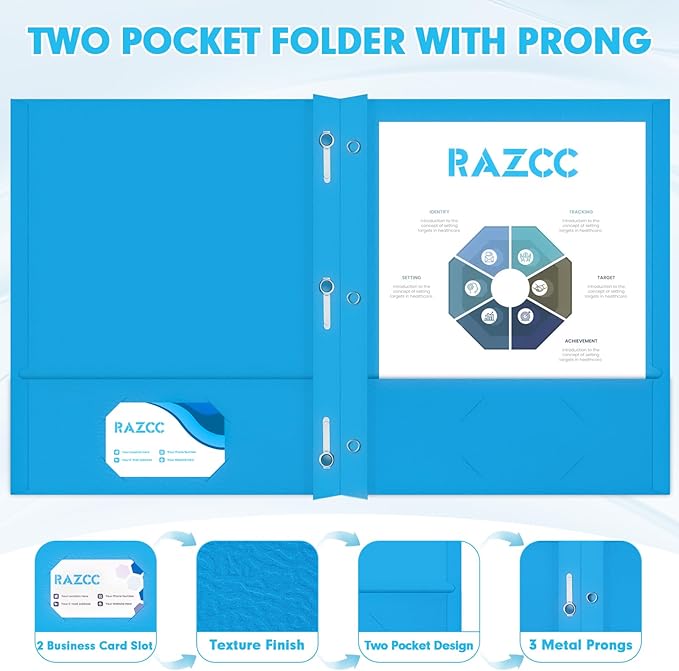 Two Pocket Folders, RAZCC 50 Pack Two Pocket Folders with Prongs, 3 Prong Folders Fit Letter Size Paper, Pocket File Folders for School Office Home Business, Blue