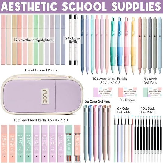 65PCS Aesthetic School Supplies with Cute Pencil Case, Pastel Highlighters Gel Pens Mechanical Pencils Set 0.5 0.7 & 2.0mm, Office Back to School Supplies College Essentials Kit Student Stationary Set