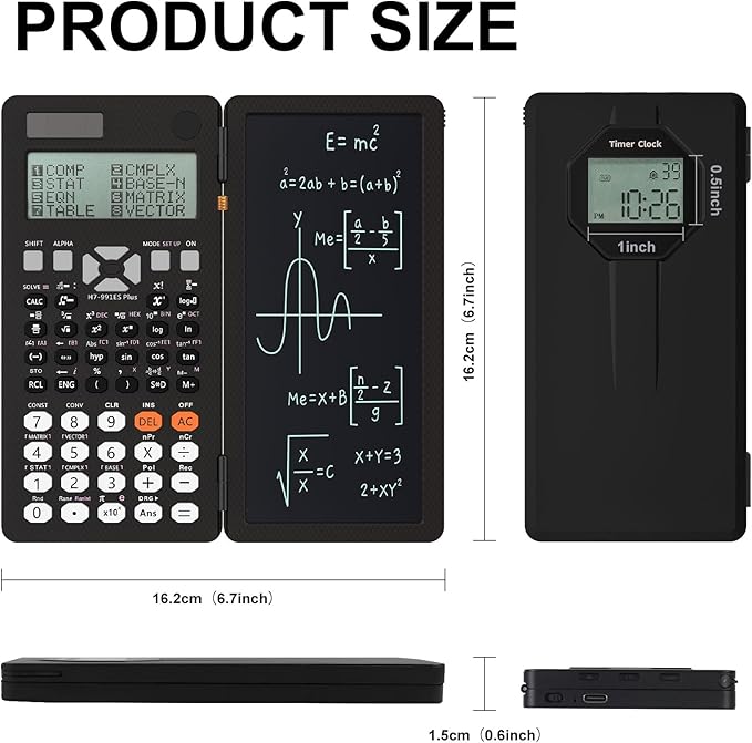 Scientific Calculators, Rudnia Solar Calculator with Alarm Clock, 417 Functions and Type-C Rechargeable, Ideal for Middle High School Students and Teachers (Black)