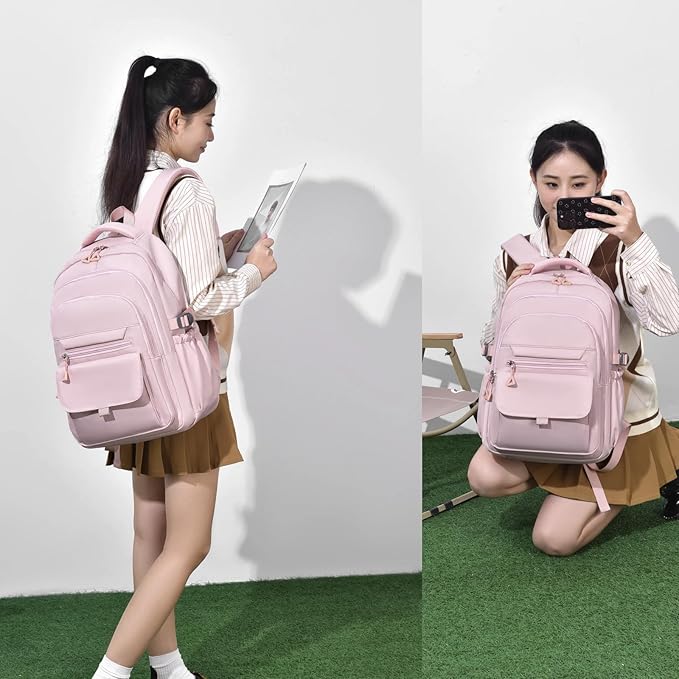 Backpack for Girls Teens, Solid-Color School Backpack for Boys Kids, Aesthetic Bookbag for Middle & High School Travel Daypack,Pink