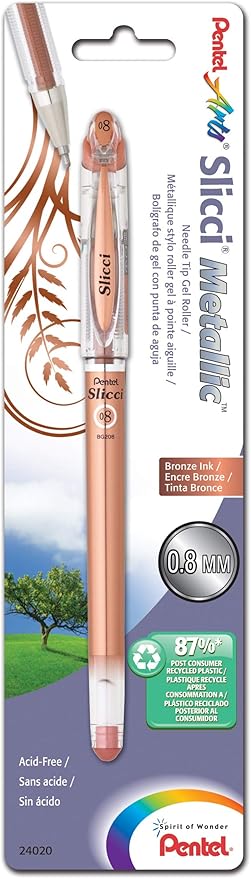 Pentel Arts Slicci Metallic 0.8 mm Needle Tip Gel Pen, Metallic Bronze Ink, 1 Pack (BG208BPME)