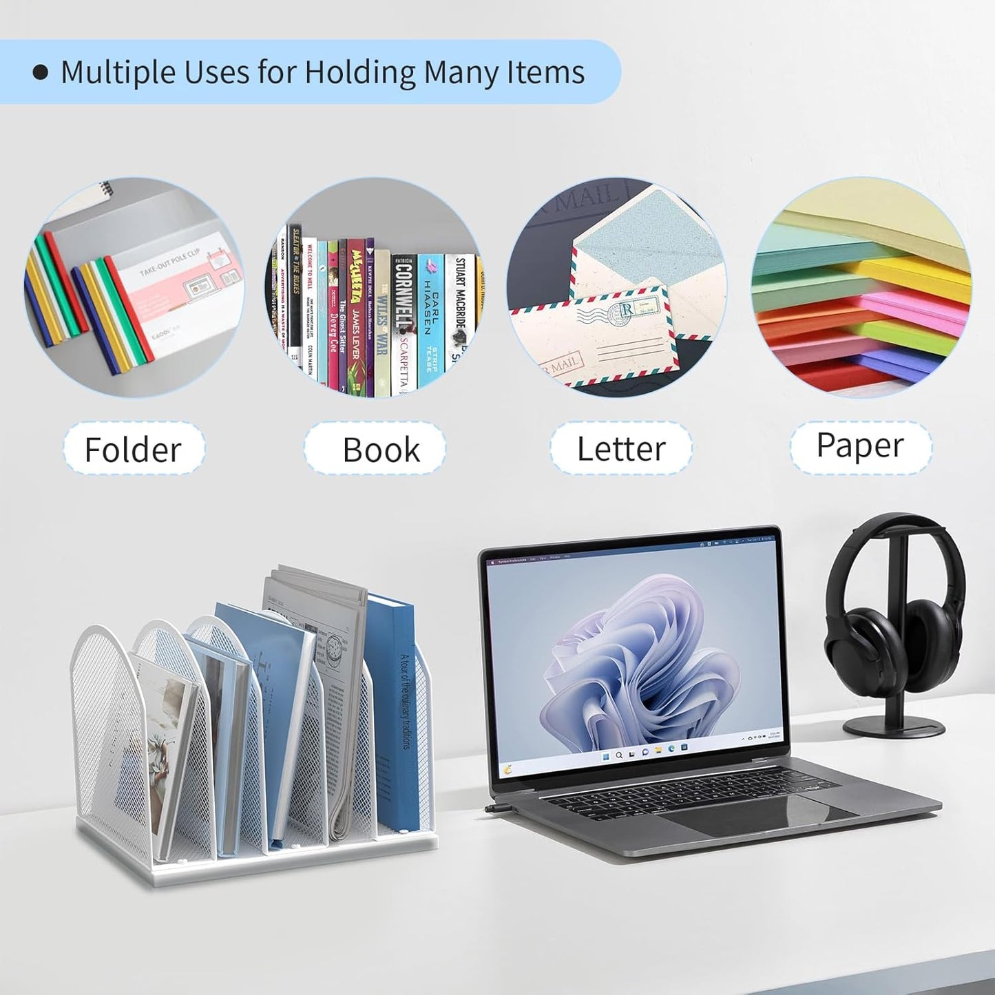 5-Section Vertical Desktop Organizer, 5-Section Mesh File Folder Stand Sorter for Office Home Classroom Organization (1, White)