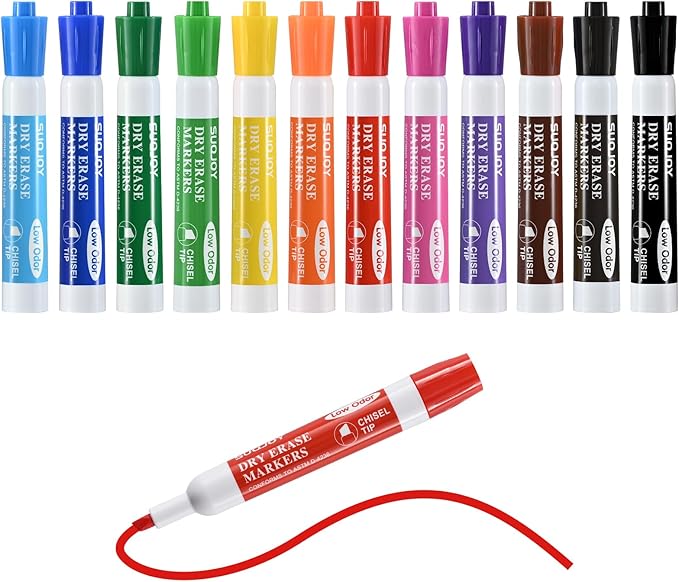 Dry Erase Markers, Chisel Tip Whiteboard Markers, Low Odor Thick Dry Marker, 12 Pack 12 Assorted Color Markers for Classroom, Office & Home Use