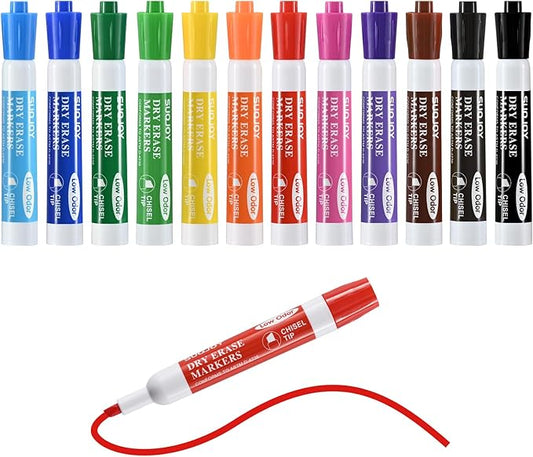 Dry Erase Markers, Chisel Tip Whiteboard Markers, Low Odor Thick Dry Marker, 12 Pack 12 Assorted Color Markers for Classroom, Office & Home Use