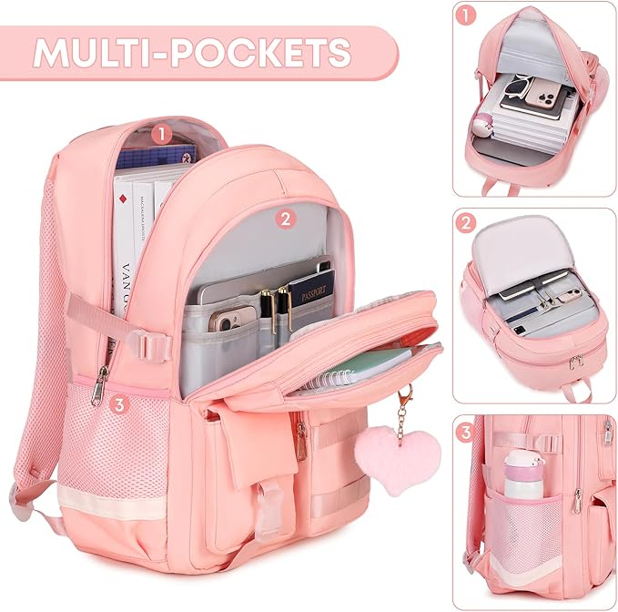3PCS Student Backpack For School Women College Middle High Teen Girls Bookbag Waterproof Laptop Bag Pink