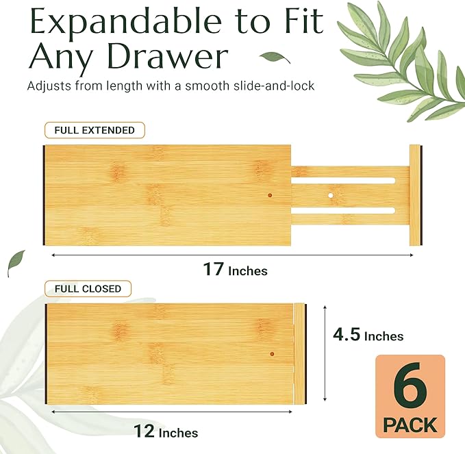 Adjustable Bamboo Drawer Dividers 6 Pack, Expandable Drawer Organizer for Kitchen, Bedroom, Bathroom, Dresser and Office, Each Divider Expands from 12" to 17.5" with – Free Mat Included in Package.