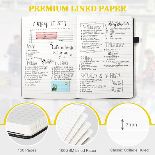 Lined Journal Notebook, 3 Pack A5 College Ruled Notebooks for Work, Hardcover Notebook Each with 2 Pockets & Pen, Leather Journal for Women, Men, 160 Pages, 100GSM Thick Paper (Multi-Colors 5.7"x8.3")