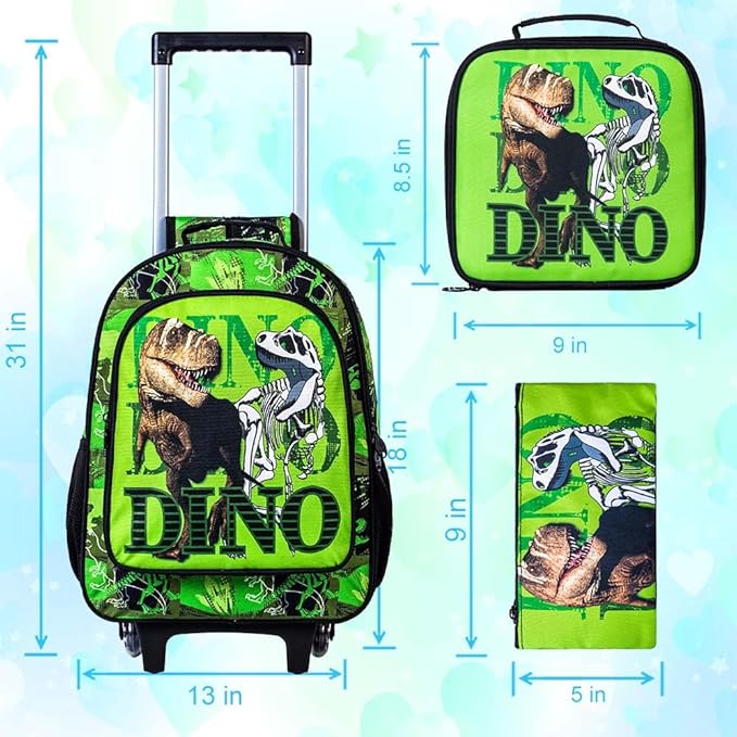 CCJPX 3PCS Dinosaur Kids Rolling Backpack Boys, School Bookbag with Wheels, Travel Roller Wheeled Backpacks for Toddler Elementary-Green