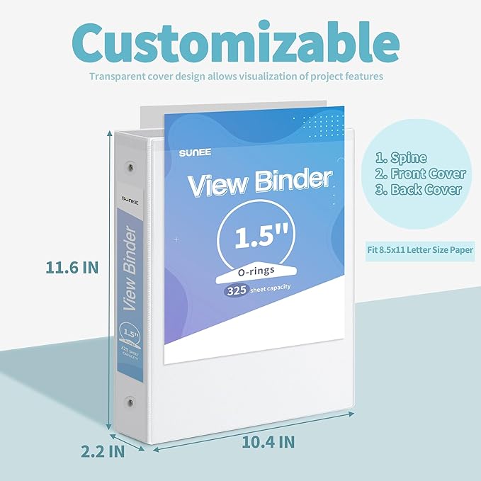 SUNEE 3 Ring Binder 1.5 Inch 2 Pack, Clear View Three Ring PVC-Free (Fit 8.5x11 Inches) for School or Office Supplies, White