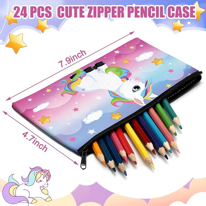 Hosuly 24 Pcs Bulk Cartoon Zipper Pencil Case Pouch Cute Cartoon Animal Pen Bag Multicolored Mermaid Panda Bee Canvas Pencil Pouch Organizer for Boy Girl Kids Stationary Storage School