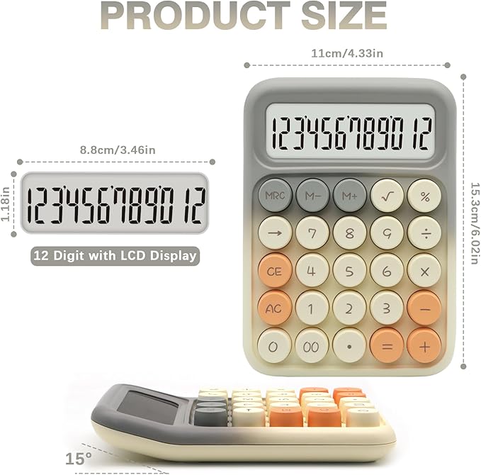 Standard Calculator - Gray White with 12 Digit Display and Big Buttons, Cute Office Calculator