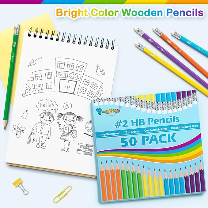 V-Opitos #2 Pre-Sharpened Wood-Cased Pencils, 50 Pack with Top Erasers, Bulk 2HB Pencils in Assorted Colors for School, Writing, Drawing and Sketching