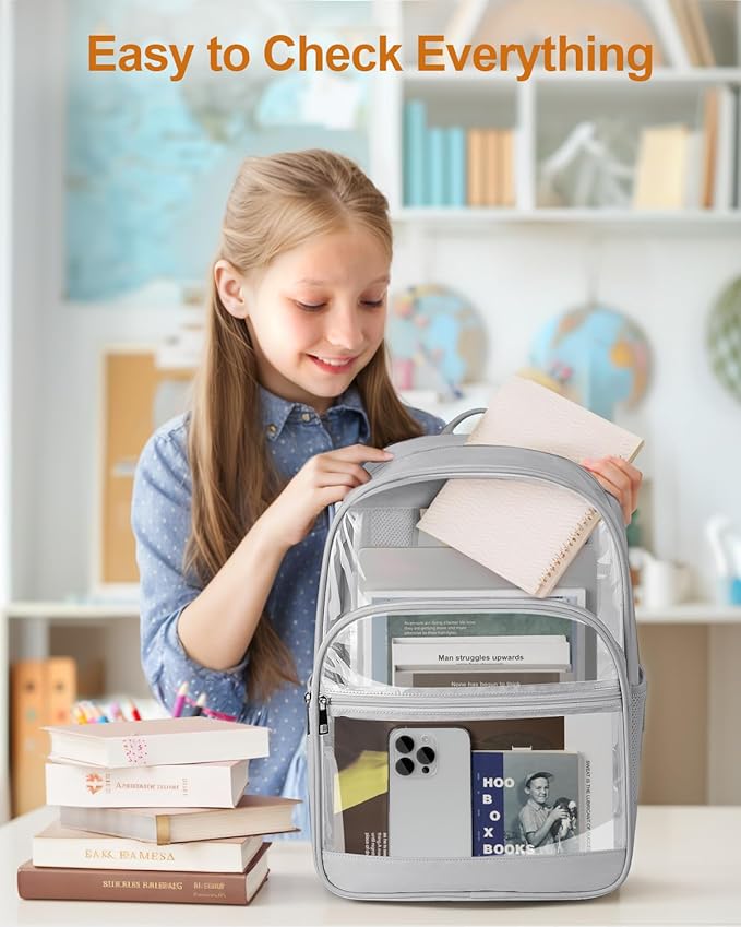 Clear Backpack, Heavy Duty Transparent Bookbag for School, Fabric & PVC Transparent Backpack with Reinforced Strap for Women Men, Capacity Clear Bag for College, Travel, Security, Grey