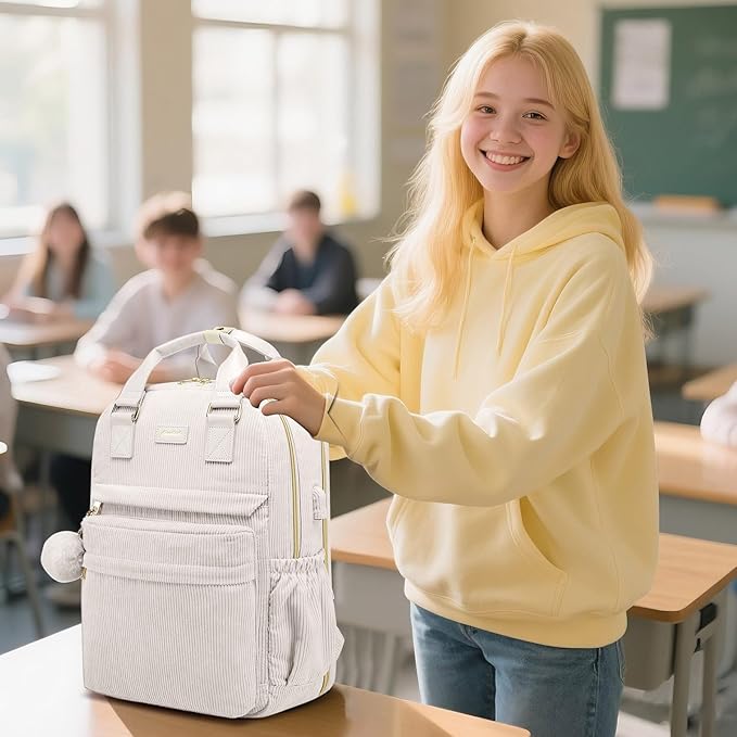 School Backpack for Girls Laptop Bookbag: Casual Corduroy Women Backpacks with USB Charging Port TSA Friendly Travel Back Pack with Anti-Theft Pockets Cute College Daypack for Teen Students Lady Beige