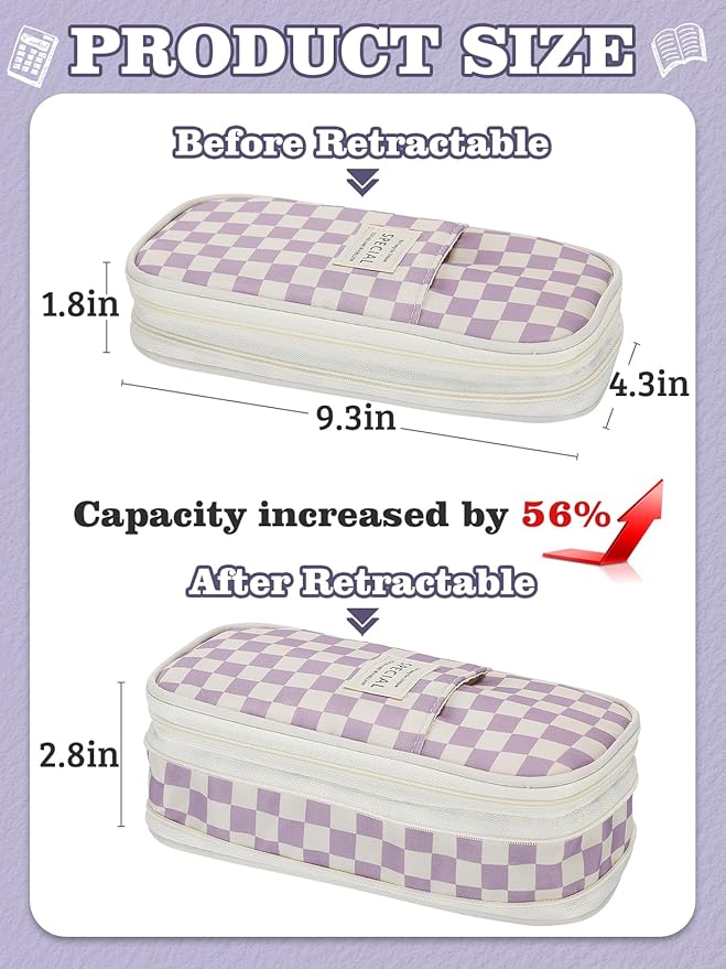 Large Capacity Pencil Case for Teens Girls - Cute Checkerboard Pencil Pouch with Zipper, Stationery Bag Box for Student Back to School Gifts, Purple