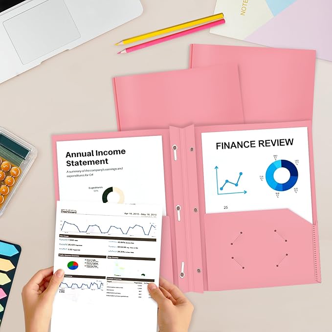 ViVin 12-Pack Durable 3-Prong Plastic Folder, Heavy Duty Pocket Folder with Brads, Pastel Color, Letter Size Poly Folders with 2 Pockets, Cute Folders for Kids, Students, Teachers and Officer (Pink)