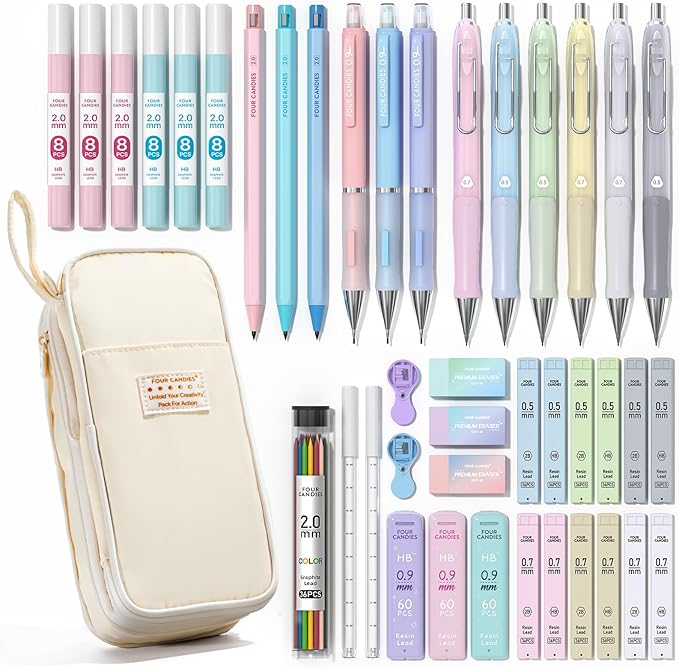 Four Candies 42PCS Aesthetic School Supplies, Mechanical Pencil Set 0.5mm, 0.7mm, 0.9mm, 2.0mm with 696 Lead Refills, Pencil Case with Writing & Drawing Supplies, Ideal Gift for Kids, Students (Cream)