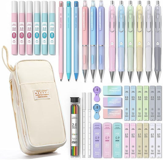 Four Candies 42PCS Aesthetic School Supplies, Mechanical Pencil Set 0.5mm, 0.7mm, 0.9mm, 2.0mm with 696 Lead Refills, Pencil Case with Writing & Drawing Supplies, Ideal Gift for Kids, Students (Cream)