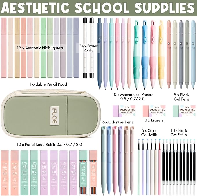 65PCS Aesthetic School Supplies with Cute Pencil Case, Pastel Highlighters Gel Pens Mechanical Pencils Set 0.5 0.7 & 2.0mm, Office Back to School Supplies College Essentials Kit Student Stationary Set