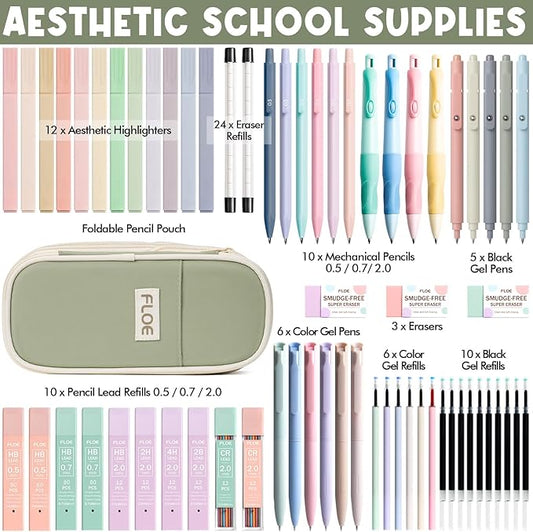 65PCS Aesthetic School Supplies with Cute Pencil Case, Pastel Highlighters Gel Pens Mechanical Pencils Set 0.5 0.7 & 2.0mm, Office Back to School Supplies College Essentials Kit Student Stationary Set