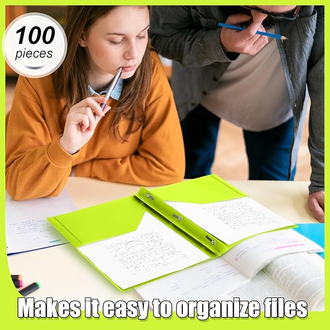 Lincia 100 Pcs Plastic Folders With 2 Pockets and Prongs for Office, School, Students, Teachers, Office Workers (Fluorescent Green)