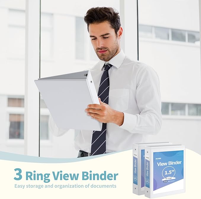 SUNEE 3 Ring Binder 1.5 Inch 2 Pack, Clear View Three Ring PVC-Free (Fit 8.5x11 Inches) for School or Office Supplies, White