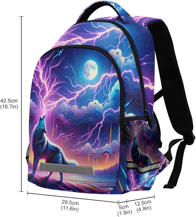 Wolf Howling Moon Lightning Backpack for Boys Girls Elementary School Bag Kids Bookbag Travel Rucksack