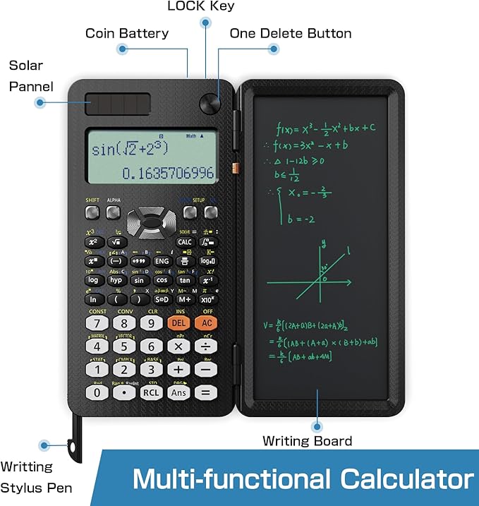 Scientific Calculators for Students 991ES Office Calculators Desktop, ROATEE 4-Line Display Calculator with Erasable LCD Writing Tablet, Solar Battery Power with Notepad Calculator for School