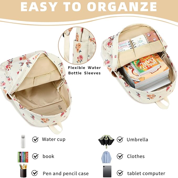 School Backpack for Teens Large Corduroy Bookbag Lightweight 15.6 inch Laptop Bag for Girls Women Casual High School College