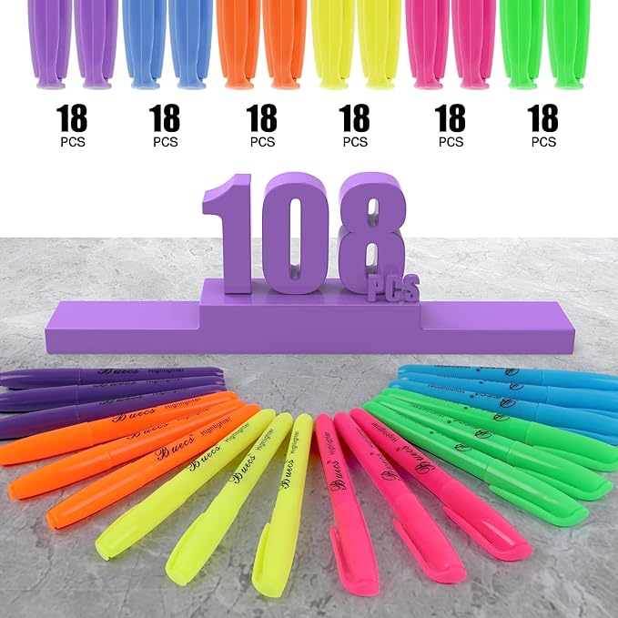 Highlighters Bulk Pack, 108 Count, Assorted Colors, Chisel Tip, suitable for Adults Highlighting Planner Notes, Office School Supplies
