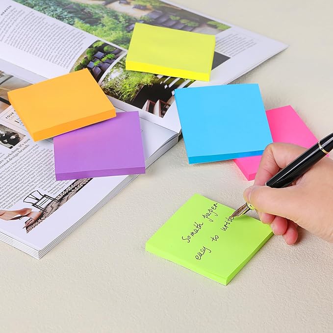 (24 Pack) Sticky Notes 3x3 in Post Bright Stickies Colorful Super Sticking Power Memo Pads, Strong Adhesive, 74 Sheets/pad