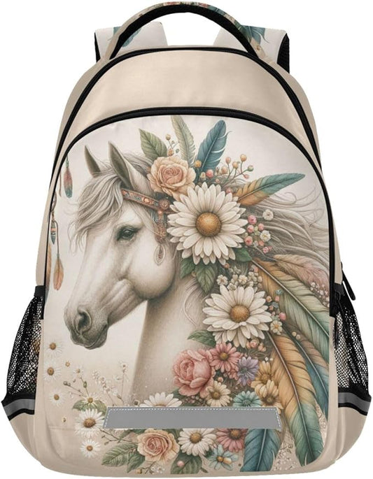 Horse Backpack for Students Boys Girls Horse Flowers Feathers School Bag Travel Daypack Rucksack