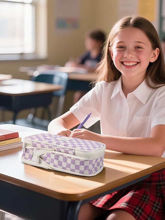 Large Capacity Pencil Case for Teens Girls - Cute Checkerboard Pencil Pouch with Zipper, Stationery Bag Box for Student Back to School Gifts, Purple