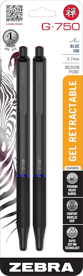 Zebra Pen G-750 Gel Pen 2-Pack, Blue Ink, 0.7mm Medium Point, Black Brass Barrel, Knurled Grip, Secure Metal Clip, Refillable (49822)