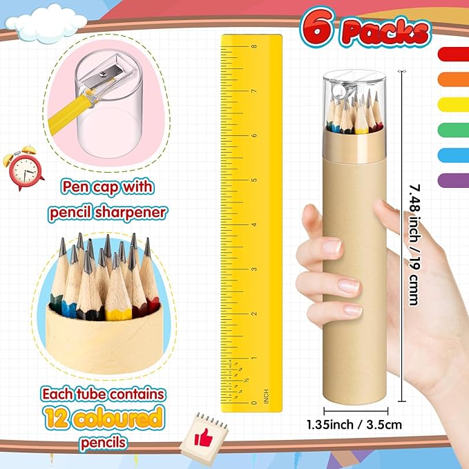 6 Pack 72pcs #2 HB Pencils Bulk in Tube with Sharpener Assorted Colors Wood-cased Pre-sharpened Pencils for Kids Student Back to School Supplies Classroom Prize Party Favor Gifts (Wooden)