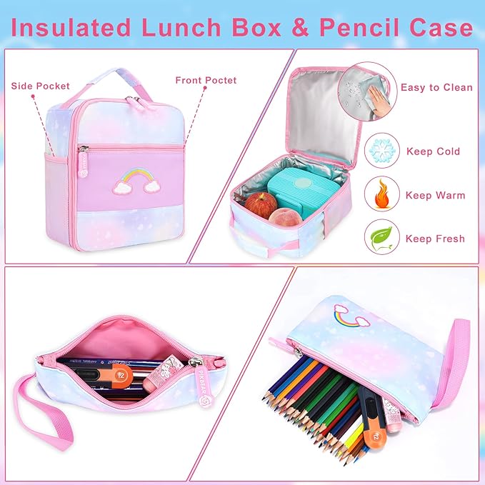 Girls Backpack Set 3 IN 1,Cute Rainbow Kids Backpack with Insulated Lunch Box Pen Case Set Student School bag(Blue-3 pieces set)