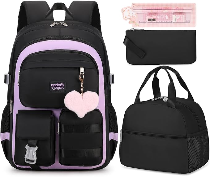 3PCS Girls Backpack For College Middle High School Student Teens Women Bookbag Waterproof Laptop Bag Black Purple