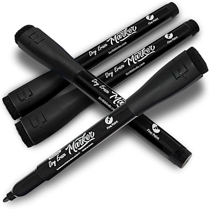 Scribbledo Magnetic Dry Erase Markers Fine Tip Black Color Low Odor Whiteboard Markers with Eraser Cap Thin Skinny White Board Markers for Adults Students Teachers Kids Art Home & School (4 Pack)