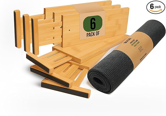 Adjustable Bamboo Drawer Dividers 6 Pack, Expandable Drawer Organizer for Kitchen, Bedroom, Bathroom, Dresser and Office, Each Divider Expands from 12" to 17.5" with – Free Mat Included in Package.