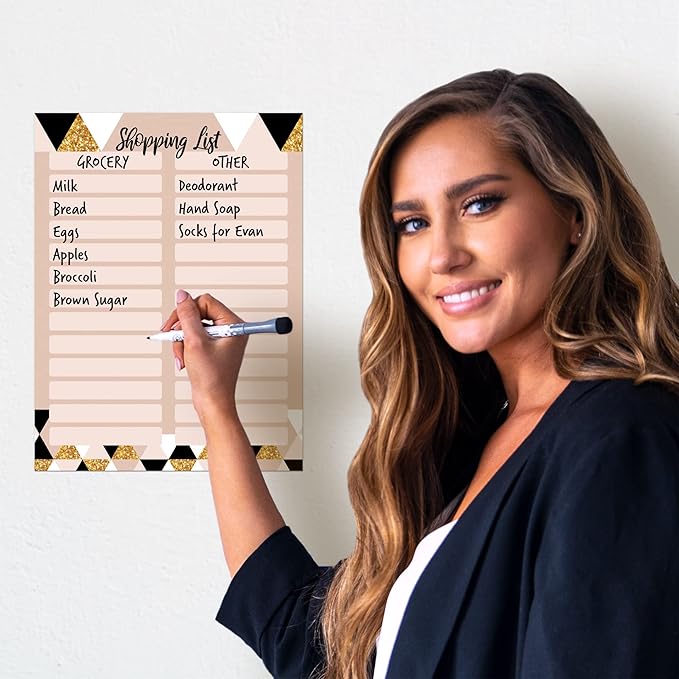 Dry Erase Shopping List Vinyl Sticker Decal Whiteboard by Glassboard Studio | Removable & Reusable | Magnetic Fine-Tip Marker Included (9 x 12 inches, Rose & Gold)