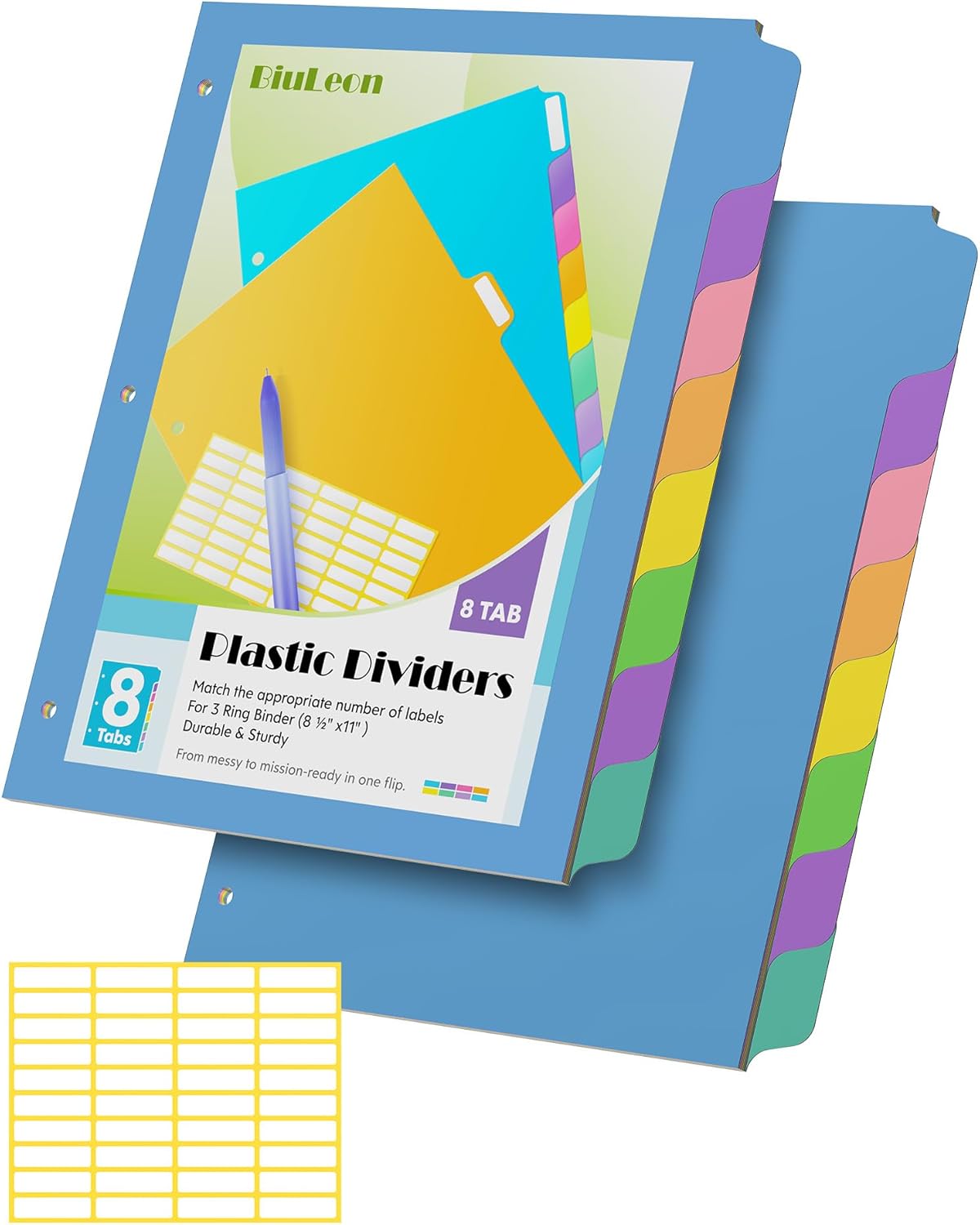 8 Tab Binder Dividers for 3 Ring Binder, 2 Set/16 Count, Thicken, Write & Erase Reusable Waterproof Plastic Binders for School & Office Files, Extra 40 Labels