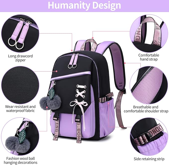 Teenage Girls Bookbag School Backpack Children Casual Daypack Schoolbag for Teens Black Purple