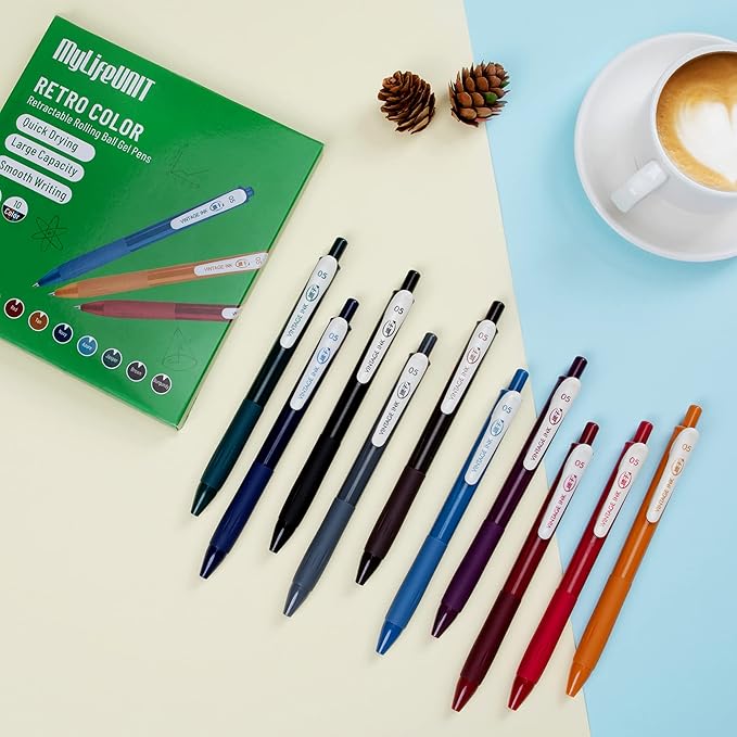 MyLifeUNIT Retractable Gel Pens, Quick Dry Ink Vintage Colors Pens for Journaling, Medium Point (0.5 mm), 10 Assorted Colors