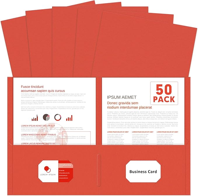 Two Pocket Folders, PANDRI 50 Pack 2 Pocket Folders, Letter Size Paper File Folder for School Office Home Business, Red