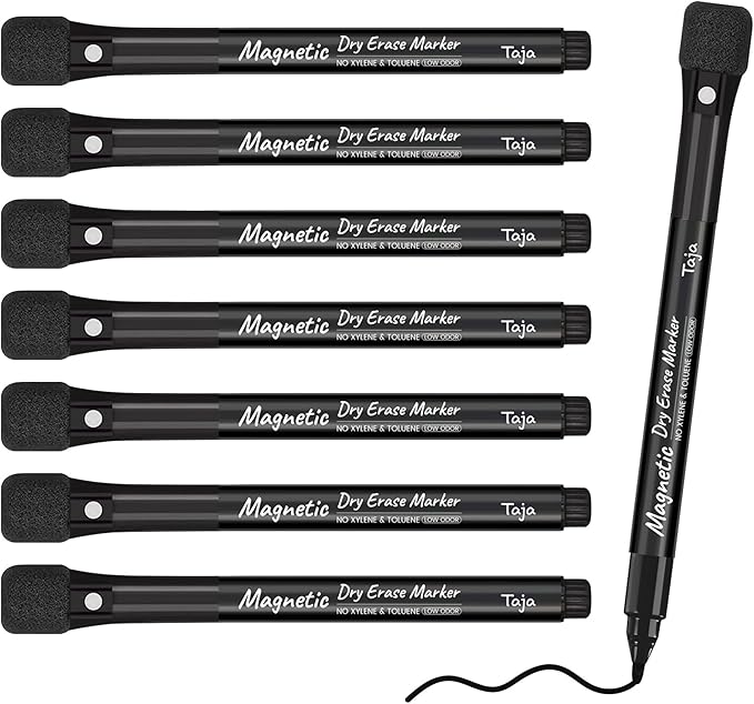 Magnetic Dry Erase Whiteboard Markers, 8 Count Black Fine Tip Thin Dry Erase Markers with Eraser for Home Office School Supplies-Black