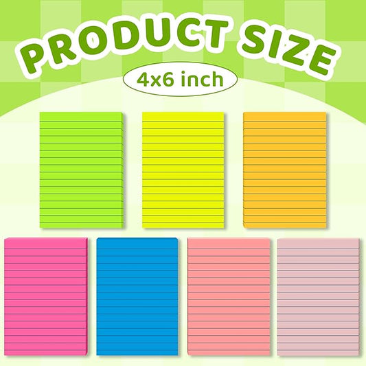 (15 Pads) Lined Sticky Notes 4x6 in Post, 7 Bright Colors with Lines Self-Stick Note Pad it, Strong Adhesive, Big Rectangular Sticky Pads for Office, Home, School, Meeting