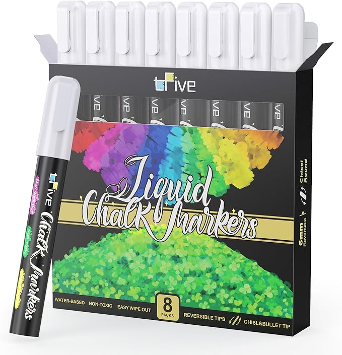 TFIVE White Chalk Markers - Dry & Wet Erase Marker Pens for Chalkboards, Signs, Windows, Blackboard, Glass, Mirrors, Liquid chalkboard markers with Reversible Tip and 24 Labels(8 Pack)